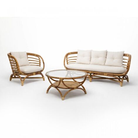 Ensemble salon, set de 3 meubles de salon en rotin et verre trempé coloris naturel