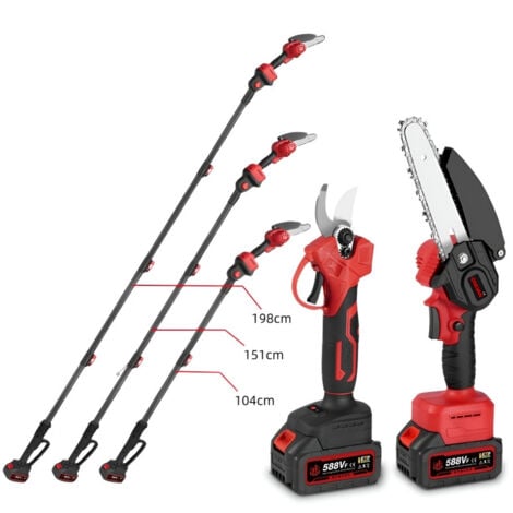 ONEVAN Ensemble secateur electrique sur perche et Tronçonneuse à perche télescopique, perche télescopique réglable de 2m + Tronçonneuse sans balais de 6 pouces + Sécateur électrique de 25 mm, avec batterie