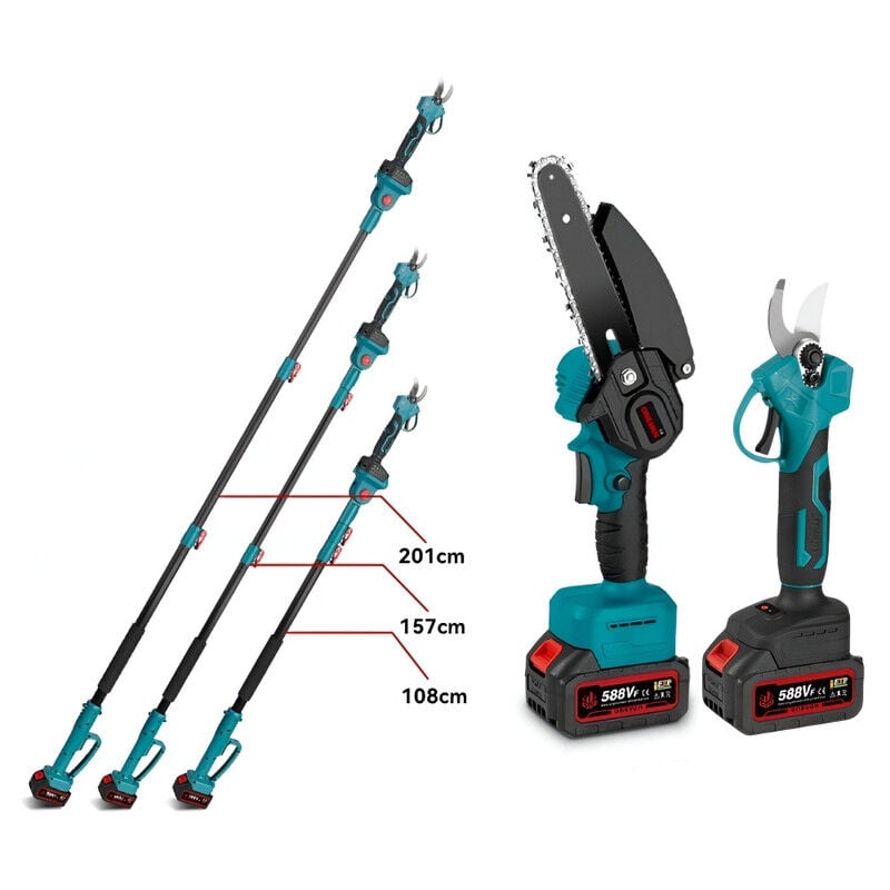 Ensemble secateur electrique sur perche et Tronçonneuse à perche télescopique, perche télescopique réglable de 2m + Tronçonneuse sans balais de 6