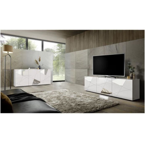 Ensemble séjour buffet 3 portes 181 cm – Meuble TV 181 cm – Blanc laqué brillant anti-rayure – Design contemporain élégant