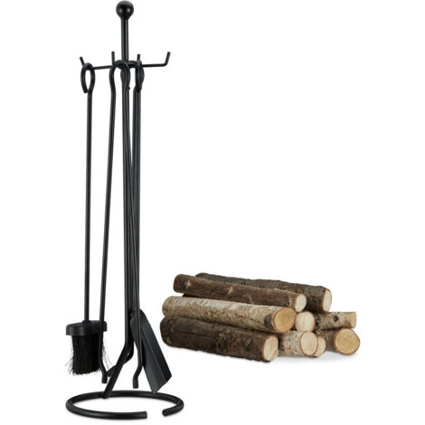 Ensemble Serviteur De Cheminée 5 Pièces Accessoire Acier Balai Tisonnier Pince Pelle, Noir