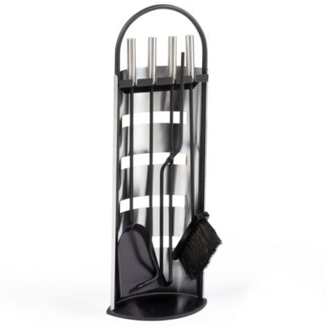 Ensemble serviteur de cheminée noir inox 5 éléments pelle balai tisonnier pince avec support