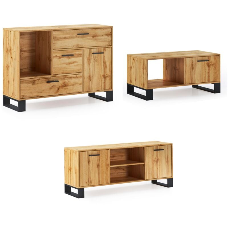 Ensemble Buffet + Meuble tv + Table Basse pour Salon - Finition Rustique Chêne/Noir - multicolore - Skraut Home