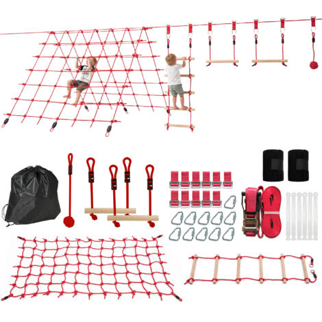 Ensemble Slackline Ninja Line 10m avec Anneaux de Gymnastique, Balançoire, Échelle et Filet d'Escalade pour Enfants 3-6 Ans - 1000x300x180 cm Rouge