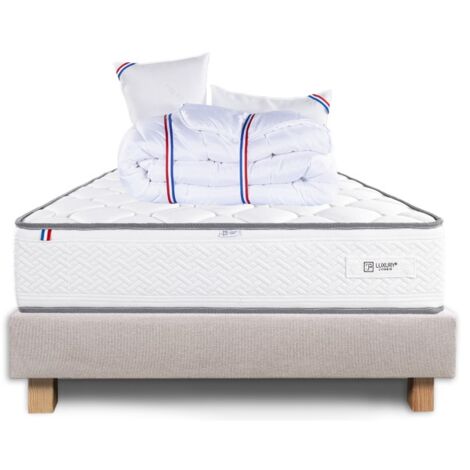 Ensemble Sommier beige (20cm), Matelas Iris (20 cm) mousses haute densité, ferme, face été/hiver, Oreiller et Couette, 140x190cm
