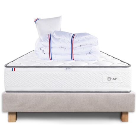 Ensemble Sommier beige (20cm), Matelas Iris (20 cm) mousses haute densité, ferme, face été/hiver, Oreiller et Couette, 90x190cm