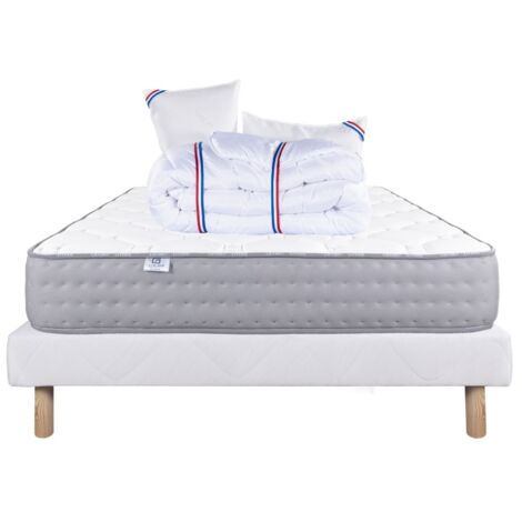 Ensemble Sommier blanc (13cm) Matelas Zen (20 cm), ferme, face été/hiver,Oreiller et Couette, 140x190cm