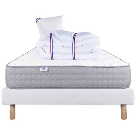 Ensemble Sommier blanc (13cm) Matelas Zen (20 cm), ferme, face été/hiver,Oreiller et Couette, 90x190cm