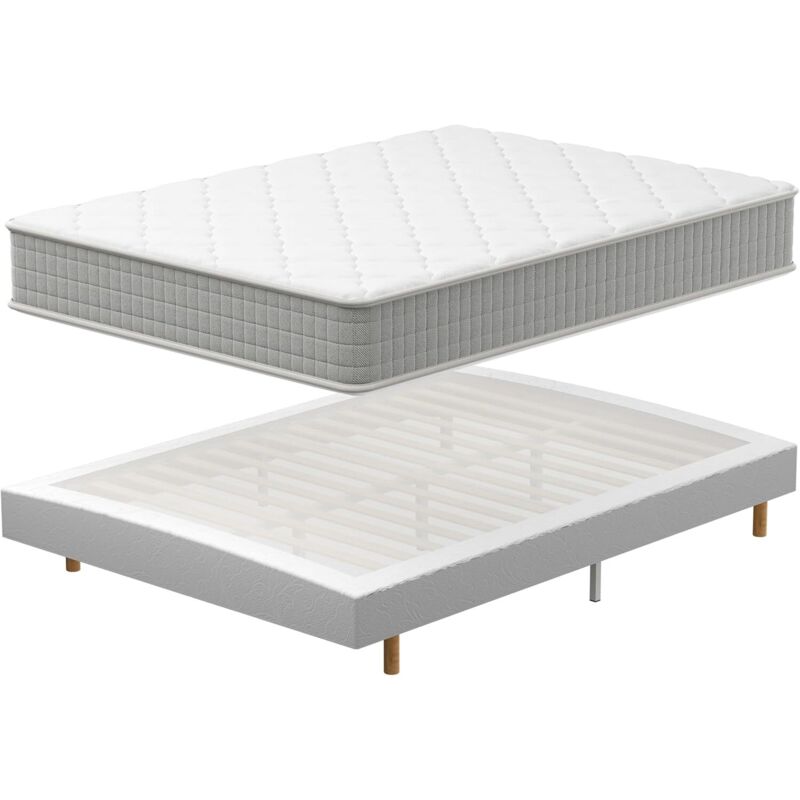 Ensemble Sommier et Matelas 140x200 cm TEENO, Lit 2 Personnes Complet avec Sommier Tapissier et Matelas Memoire de Forme, Confort, Respirant (Matelas