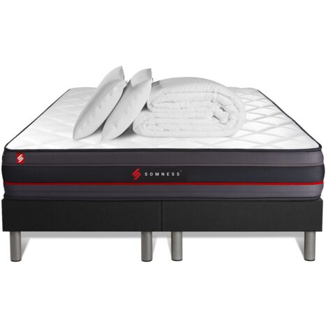 Ensemble sommier et matelas 200 x 200 cm – Mémoire de forme ferme 24 cm – Coutil respirant – 2 oreillers et couette inclus – Somness