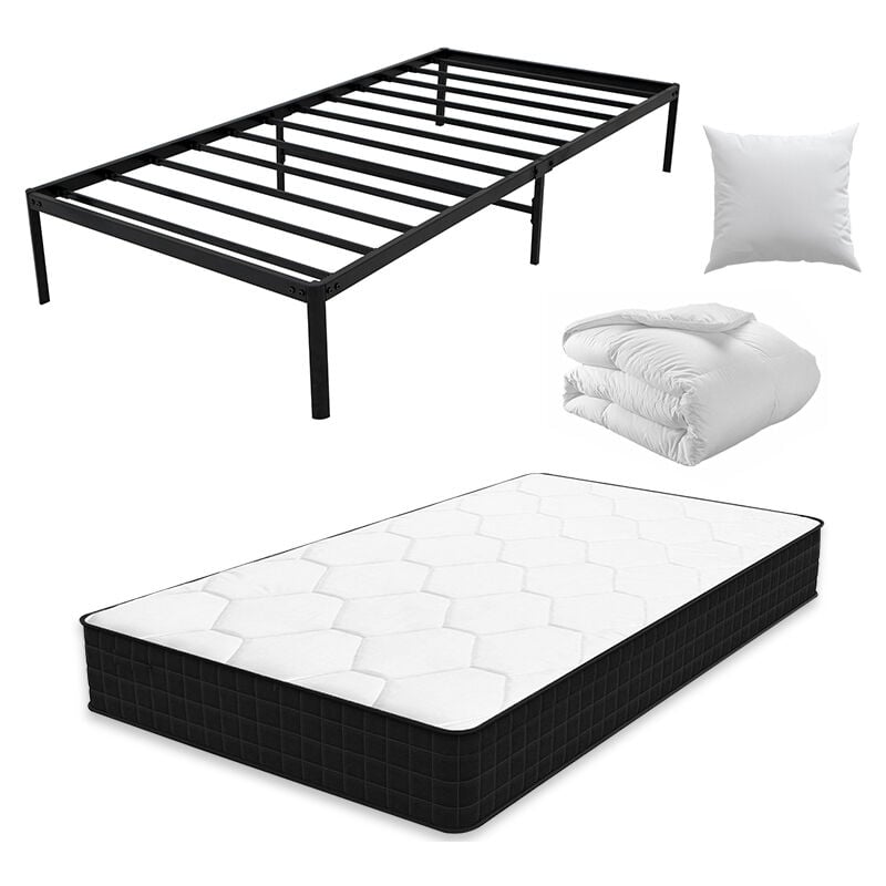 Ensemble sommier et matelas+ Couette+ Oreiller - 90x190 cm - Lit en Métal - Lit adulte 1 places