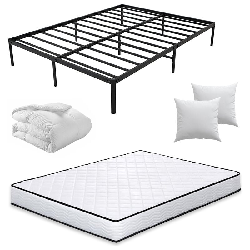 Ensemble sommier et matelas+ Couette+ Oreillers - 140x190 cm - Lit en Métal - Lit adulte 2 places