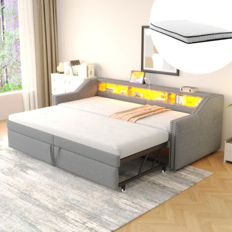 Ensemble sommier et matelas-lit extensible-LED-USB-rangement-lattes-clair-102x214x74cm et 90x200x12cm