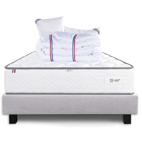 Ensemble Sommier gris (20cm), Matelas Iris (20 cm), mousses haute densité, ferme, face été/hiver, Oreiller et Couette, 140x190cm