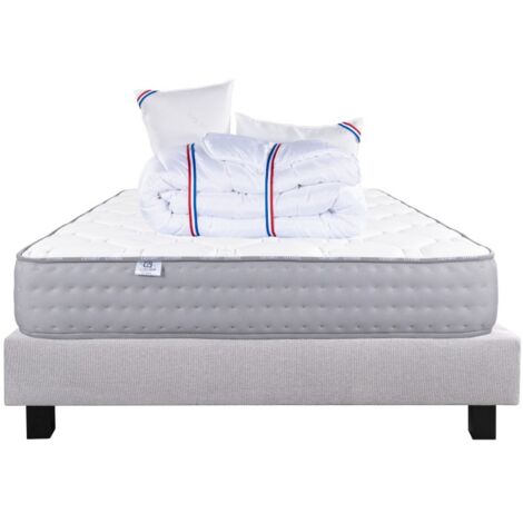 Ensemble Sommier gris (20cm) Matelas Zen (20 cm), ferme, face été/hiver Couette et Oreiller, 140x190cm