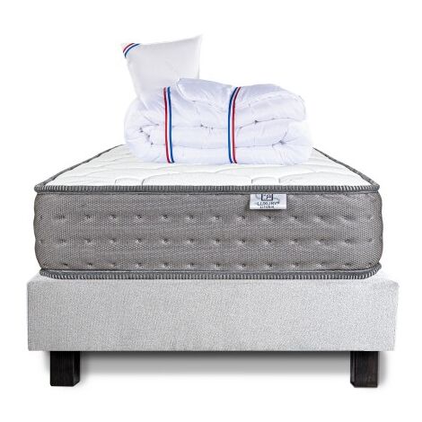 Ensemble Sommier gris (20cm) Matelas Zen (20 cm), ferme, face été/hiver Couette et Oreiller, 90x190cm