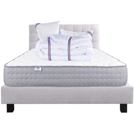Ensemble Sommier gris (20cm) Matelas Zen (20 cm), ferme, face été/hiver,Oreiller,Couette et Tête de Lit, 160x200cm