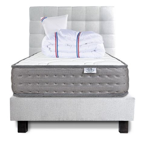 Ensemble Sommier gris (20cm) Matelas Zen (20 cm), ferme, face été/hiver,Oreiller,Couette et Tête de Lit, 90x190cm