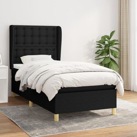 Ensemble Sommier Lattes avec Matelas 90x200 cm Noir et Protège-Matelas - Tissu Durable, Tête de Lit Réglable, Mousse et Ressorts Ensachés