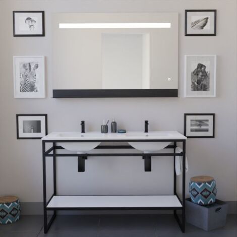 Ensemble STRUCTURA 120 cm avec plan double vasque et miroir led Etal- Céramique - Blanc