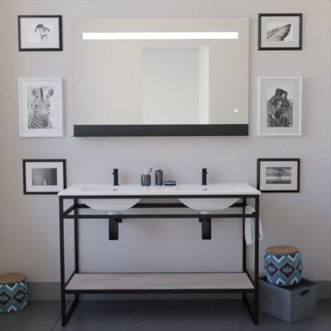 Ensemble STRUCTURA 120 cm avec plan double vasque et miroir led Etal- Céramique - Bois