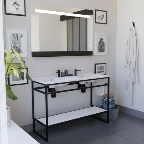 Ensemble STRUCTURA 120 cm avec plan double vasque et miroir led Etal - Noir