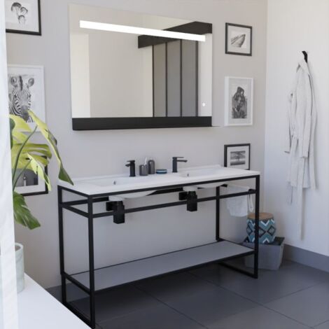 Ensemble STRUCTURA 140 cm avec plan double vasque et miroir led Etal- plan stratifié Gris