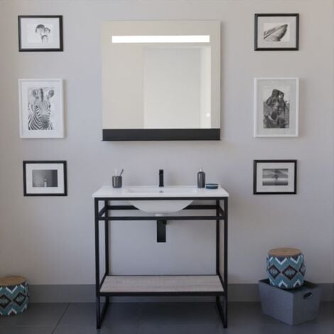 Ensemble STRUCTURA 80 cm avec plan vasque et miroir led Etal- Céramique - Bois