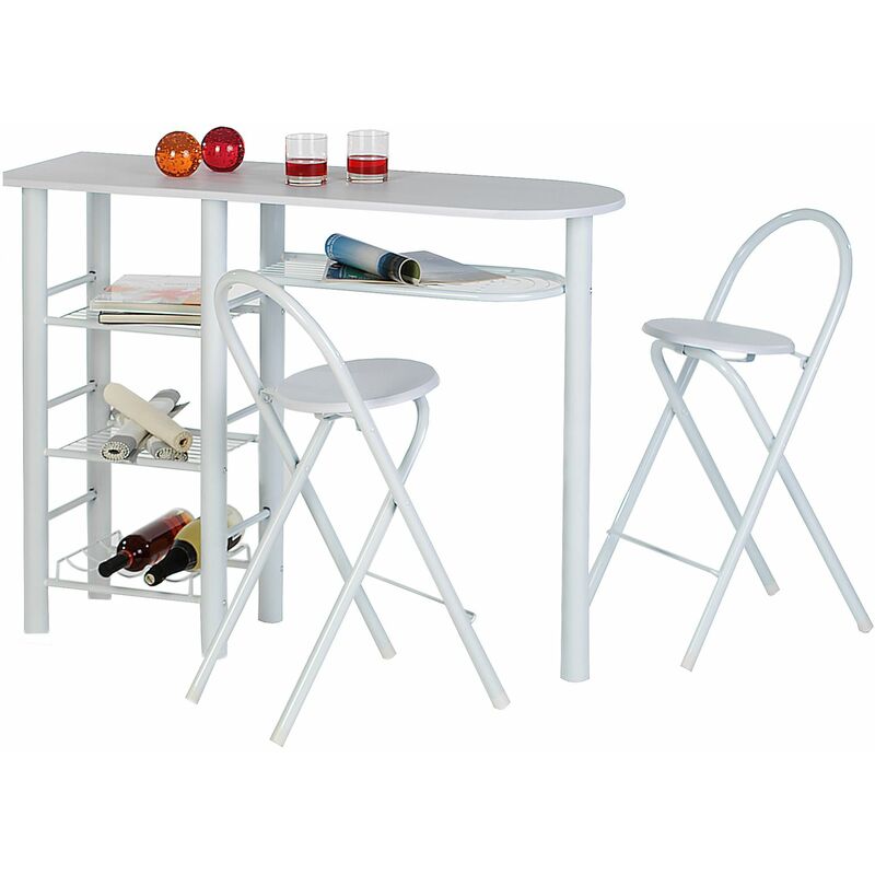 Idimex - Ensemble table haute de bar et 2 chaises style, blanc mat