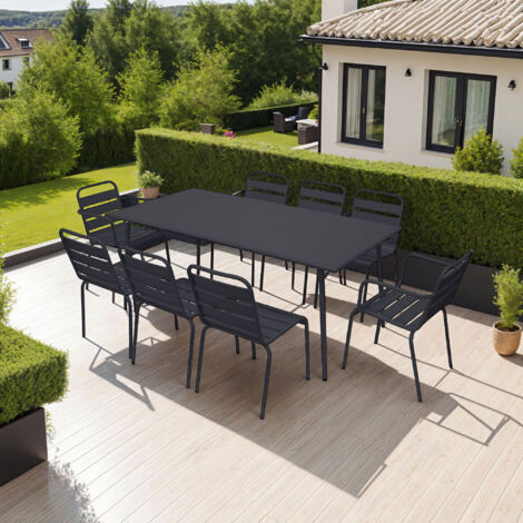 Ensemble table 180 + 6 chaises + 2 fauteuils en métal gris - BACA