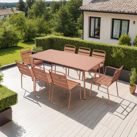 Ensemble table 180 cm +6 chaises +2 fauteuils en métal terracotta-BACA