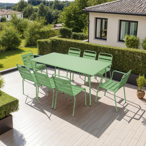 Ensemble table 180 cm + 6 chaises + 2 fauteuils en métal vert - BACA