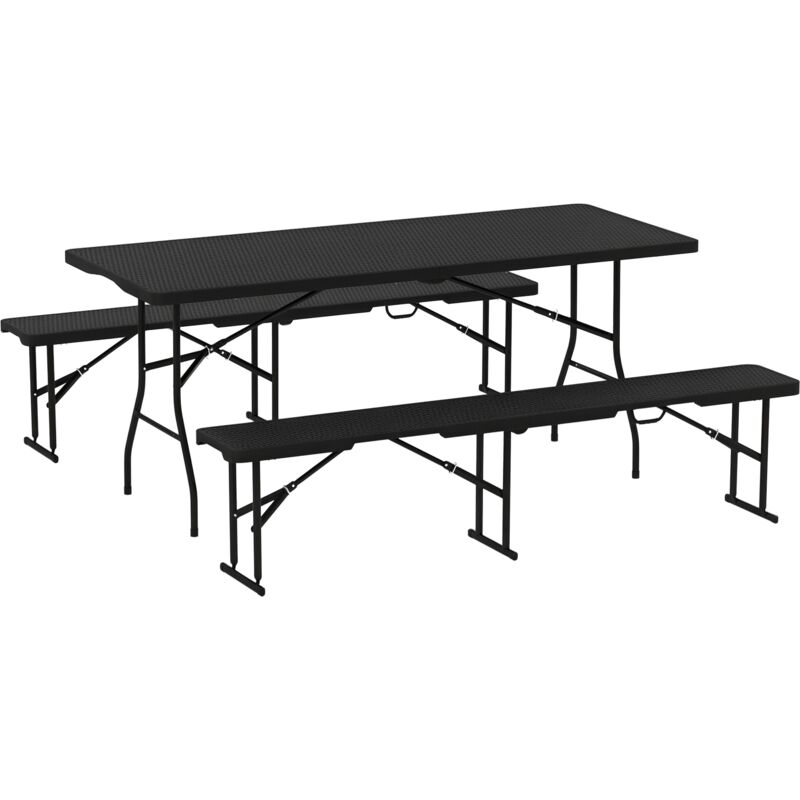 Ensemble table 2 bancs pliables avec poignées - usage pique-nique camping - métal époxy HDPE effet rotin noir