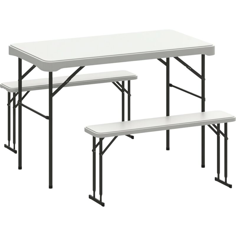 Ensemble table 2 bancs pliables avec poignées - usage pique-nique camping - métal époxy hdpe gris clair