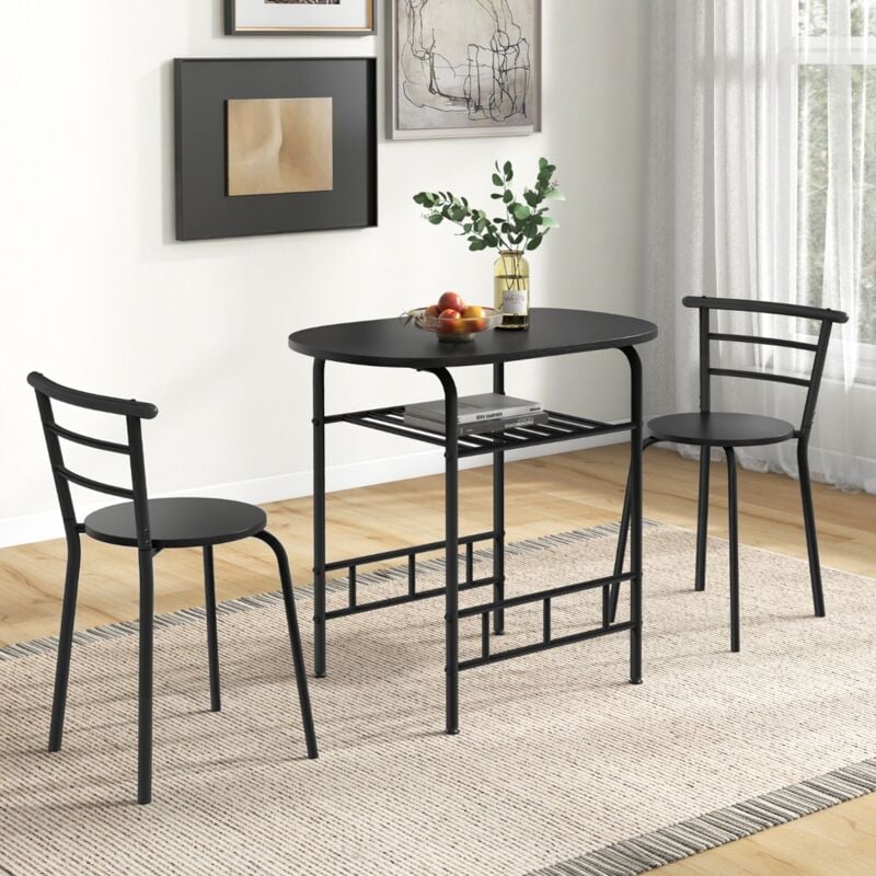 Ensemble Table 2 Chaises Cuisine Plateau Bois Casier Vin Cadre Métal Peu Encombrant Noir CW65749