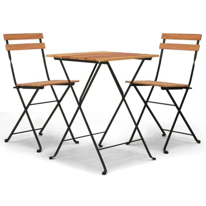 Bonnevie - Ensemble Table + 2 chaises de bistro pliable, Set bistrot, Ensemble repas de jardin, Bois de teck massif et acier OIB4303E - Brun