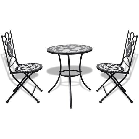 Ensemble Table + 2 chaises de bistro, Set bistrot, Ensemble repas de jardin, Carreaux céramiques Noir et blanc OIB2256E