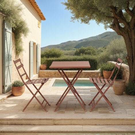 Ensemble table + 2 chaises de jardin en métal terracotta - BACA