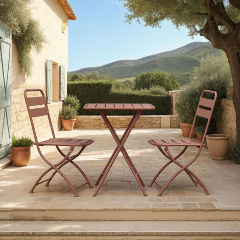 Ensemble table + 2 chaises de jardin pliable en métal terracotta - BACA