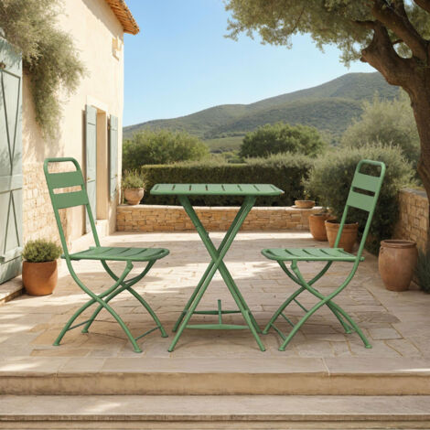 Ensemble table + 2 chaises de jardin pliable en métal vert - BACA