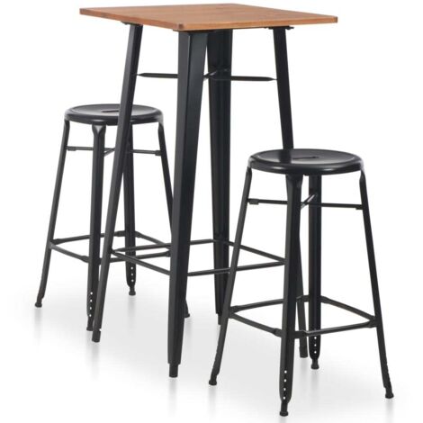 Ensemble Table + 2 Tabourets de bar  Table haute et bar Acier Noir 14394