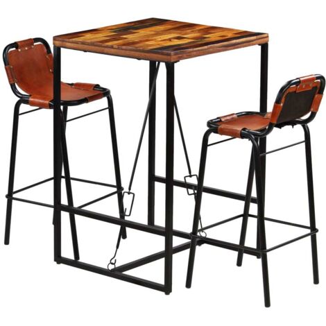 Ensemble Table + 2 Tabourets de bar  Table haute et bar Bois massif recyclé et cuir de chèvre 13866