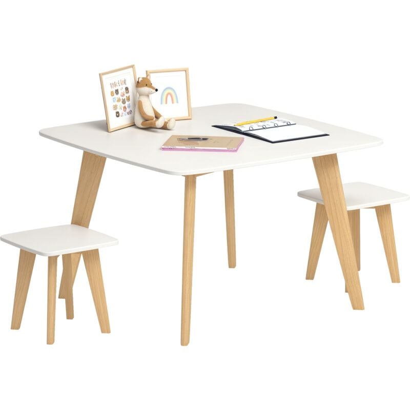 Ensemble table 2 tabourets enfant design scandinave - 3 pièces - piètement effilé bois mdf blanc