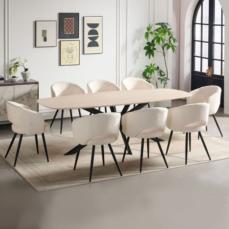Ensemble table 240cm effet travertin + 8 chaises tissu bouclette blanc