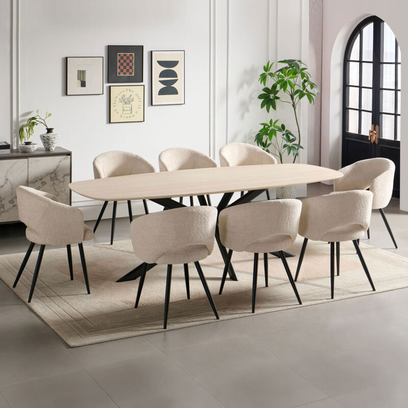 Ensemble table 240cm effet travertin + 8 chaises tissu bouclette écru