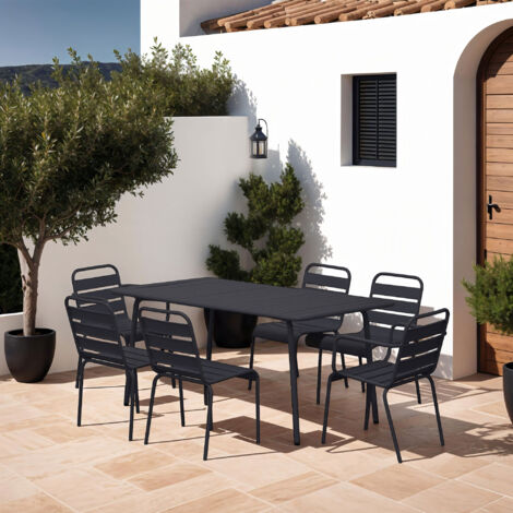 Ensemble table + 4 chaises + 2 fauteuils en métal gris - BACA