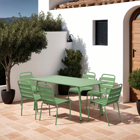 Ensemble table + 4 chaises + 2 fauteuils en métal vert - BACA