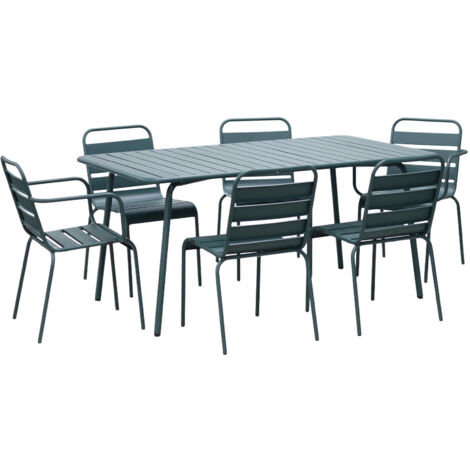 Ensemble table + 4 chaises + 2 fauteuils en métal vert sapin - BACA