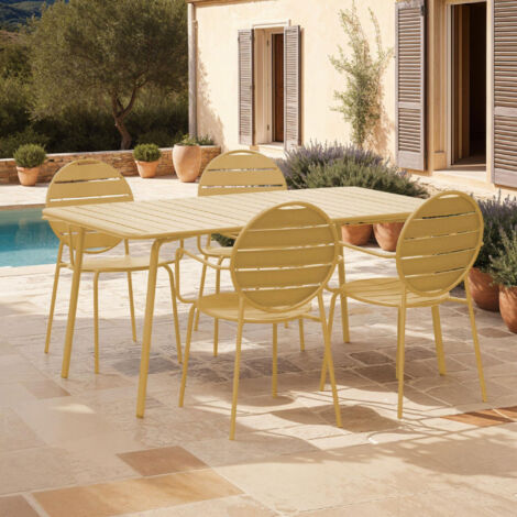 Ensemble table + 4 fauteuils ronds en métal moutarde - BACA