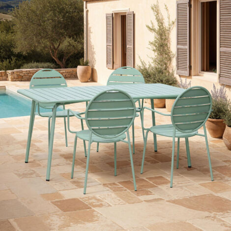 Ensemble table + 4 fauteuils ronds en métal vert - BACA